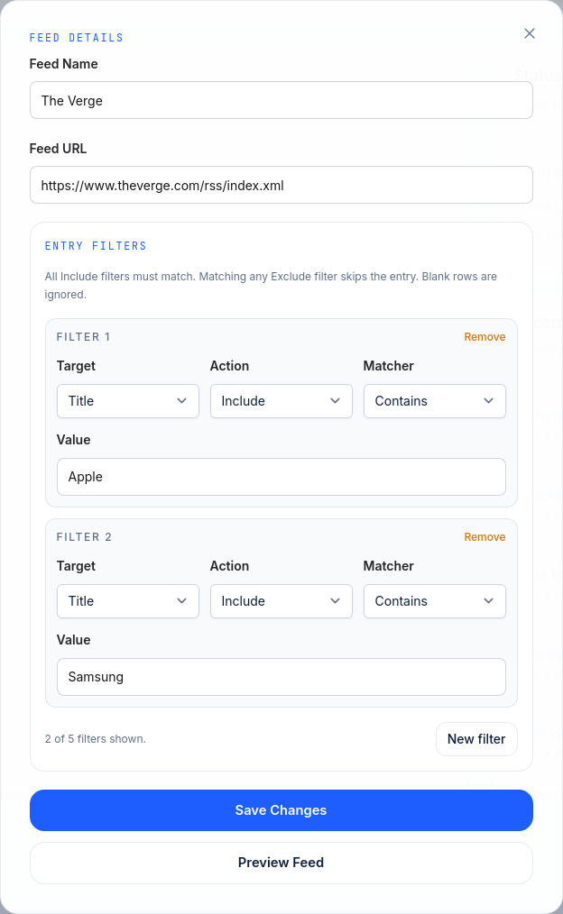 Feed entry filters for matching titles and descriptions